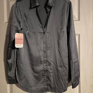 Blue Long Sleeve Satin Button-Up Shirt